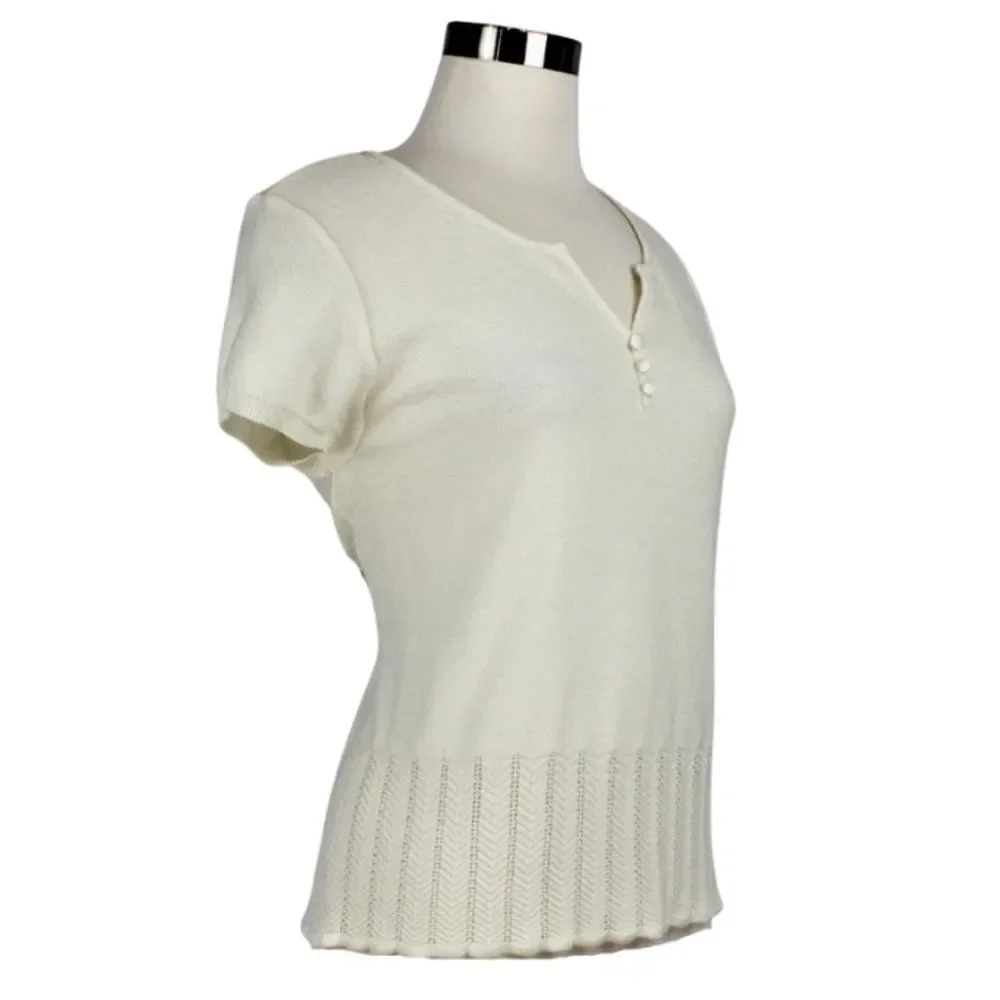 Sweater Short Sleeve  Round Split Neck Chevron Hem Patten Ivory Womens Petite XL